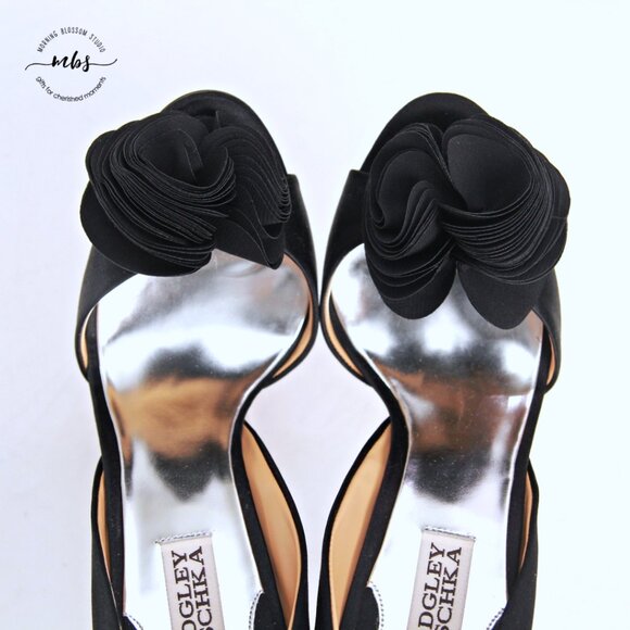 Badgley Mischka Satin Rosette Open Toe Stiletto Heels Black Women 7.5 - Picture 10 of 14